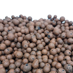May include: Close-up of a pile of brown clay balls, commonly used for hydroponic gardening.