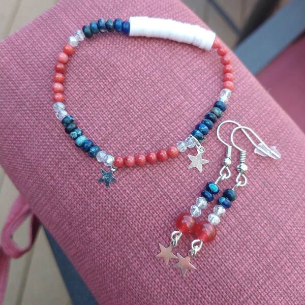 Patriotic Red, White, and Blue Semi-precious and Glass Bead Earrings and Stretch Bracelet with Silver Metal Star Dangle