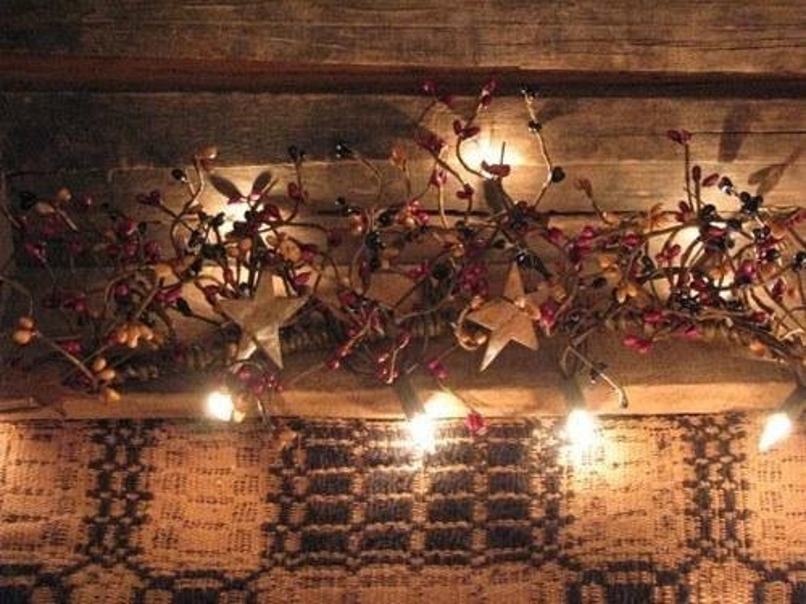 Lighted Pip Berry Garland with Rusty Stars Choose Color Etsy