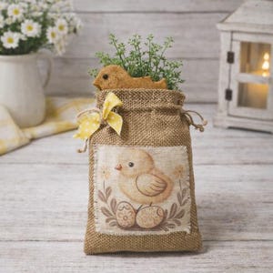 May include: A burlap bag with a printed image of a chick and eggs, tied with a yellow polka dot bow. The bag contains greenery and a small chick figurine. A white pitcher of daisies and a decorative lantern are in the background.