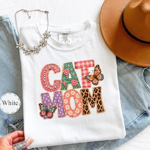 Comfort Colors® Cat Mom Shirt, Patchwork Style Cat Tee, Floral Butterfly Graphic Tee, Vintage Cat Lover T-Shirt, Colorful Kitty Mom Gift