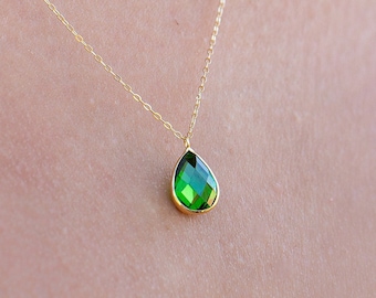 14K Gold Emerald Necklace, Minimalist Emerald Pendant, Emerald Necklace Gold, May Birthstone Necklace, Christmas Gift