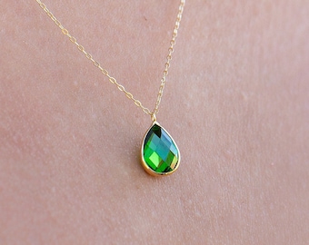 14K Gold Emerald Pendant Necklace, Pear Shape Teardrop Necklace, Colombian Emerald Necklace, Emerald May Birthstone, Step Mom Gift