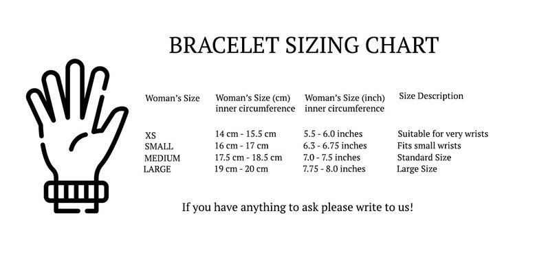 K&ouml;nnte beinhalten: Eine Armbandgr&ouml;&szlig;entabelle mit einer Hand, die ein Armband tr&auml;gt. Die Tabelle zeigt die verschiedenen Gr&ouml;&szlig;en in Zentimetern und Zoll sowie eine Beschreibung der einzelnen Gr&ouml;&szlig;en.