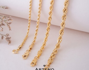 Pulsera de cadena de cuerda de oro real de oro de 14 k, pulsera de cadena giratoria, pulsera de cuerda con corte de diamante, cadena de cuerda de oro real, regalo personalizable del Día de las Madres