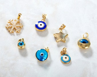 14k Gold Pendant for Chains, Evil Eye, Snowflake, Star Charm Pendant, Enamel Eye Pendant, Blue Evil Eye Charm Pendant, Dainty Charm Pendant