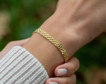 14k Gold Bismarck Bracelet, Thin Gold Bracelet, Jewelry Bracelet, 14k Gold Bracelet for Women, Herringbone Chain Bracelet, Mother's Day Gift