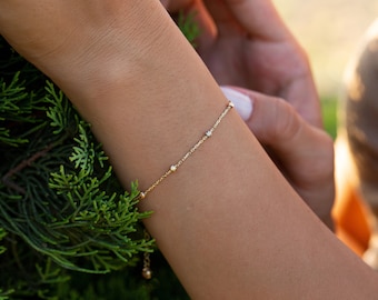 14k Gold Dainty Minimal Bracelet, Satellite Bracelet, Station Beads Bracelet