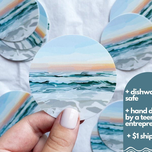 Ocean Sunset Circle Sticker | Waterproof Aesthetic Sticker || Durable Laptop Sticker || Beach Water Bottle, Stanley Cup, Hydroflask Sticker