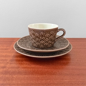 Op de afbeelding: Een bruin en wit theeservies met een bloemmotief. De kop en schotel hebben een delicaat bloemmotief.