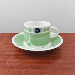 Arabia Sunnuntai. Green tea cup with saucer, limited seasonal colour. Designed by Birger Kaipiainen, Finland 1970s.