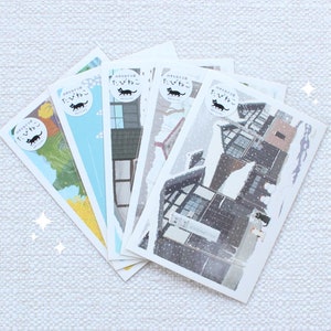 Conjunto de 1 ou 5 peças TABINEKO Traveling Cat Postcard | Inverno Outono | Papelaria japonesa autêntica feita no Japão | Toshinori Mori Active