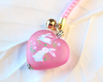 Japanese Rabbit Phone Charm / Keychain / Strap from Kyoto | Bunny | Cute / Kawaii | Pink Glass Heart | Cute Valentines or Easter Gift