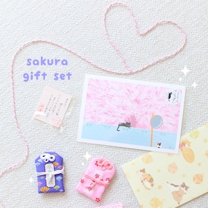 Sakura Lucky Cat Gift Set | Back to School | Japanese Omamori / Wallet Charm / Tabineko Postcard | Cute Kawaii Shinto Amulet / Talisman