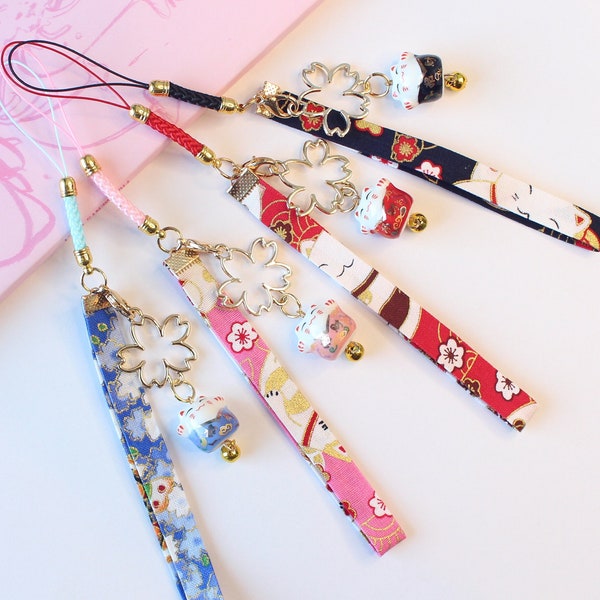 Pendentifs japonais Maneki Neko + Koi pour téléphone/Porte-clés/Sangle | Chat porte-bonheur | Bonne chance | Amulette mignonne/Kawaii | Sakura