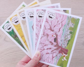 Tabineko Traveling Cat Postcards x 6 | Winter Spring Summer Autumn | Authentic Japanese Stationery / Made in Japan | Toshinori Mori