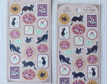 Japanese Cat Sticker Sheets by NB Co. | Cute Black Neko Stickers | Authentic Planner Stationery Made in Japan | Retro Taisho Era Wanowa