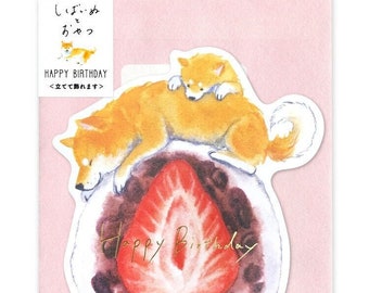 Japanese Shiba Inu Birthday Card | Dog / Animal Greeting Card with Envelope | Japan | Strawberry | Cute / Kawaii | English