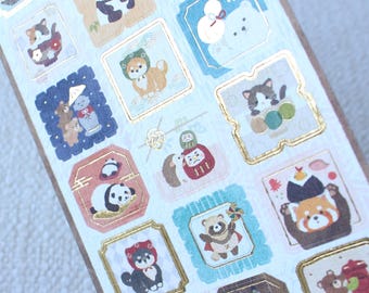 Japanese Animal Sticker Sheets | Gold Foil Planner Stickers, Otter, Cat, Tanuki, Made in Japan
