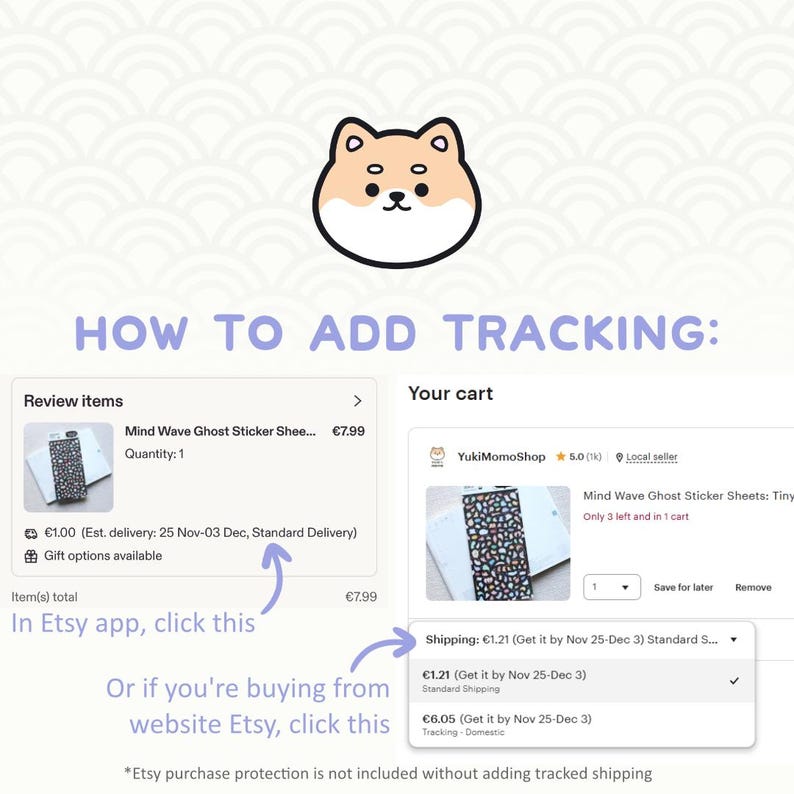 Image showing how to add tracking at checkout: click the shipping option to change it to tracked shipping.