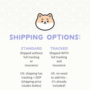 May include: A graphic with the text "SHIPPING OPTIONS:" and two columns. The left column is labeled "STANDARD" and the right column is labeled "TRACKED". A cartoon dog face is at the top of the graphic.