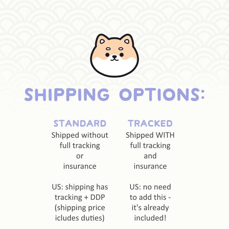 May include: A graphic with the text "SHIPPING OPTIONS:" and two columns. The left column is labeled "STANDARD" and the right column is labeled "TRACKED". A cartoon dog face is at the top of the graphic.