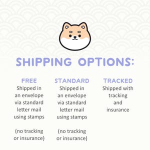 May include: An image with the text "SHIPPING OPTIONS:" and three columns: "FREE", "STANDARD", and "TRACKED". Each option details shipping via envelope and letter mail, with or without tracking and insurance. A cartoon dog face is at the top.