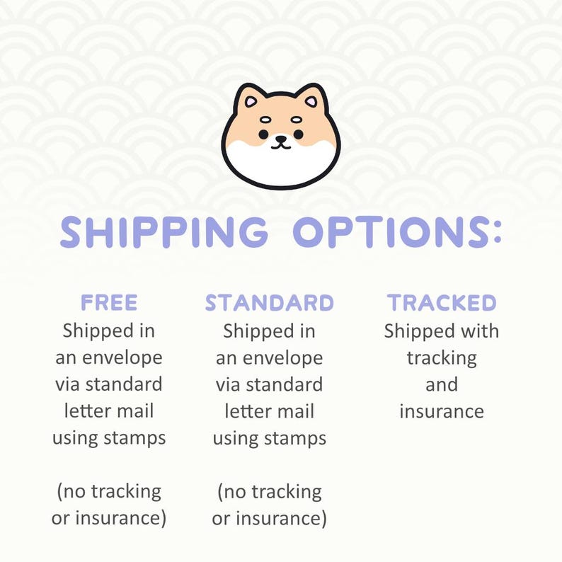 May include: An image with the text "SHIPPING OPTIONS:" and three columns: "FREE", "STANDARD", and "TRACKED". Each option details shipping via envelope and letter mail, with or without tracking and insurance. A cartoon dog face is at the top.