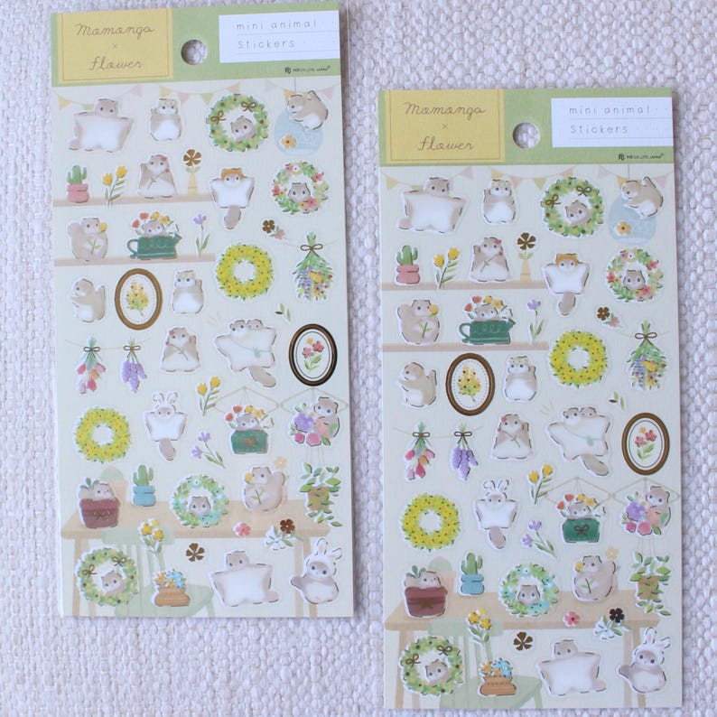 Japanese transparent PET sticker sheets with many cute flying squirrel and flower stickers with pretty gold foil details. Meet the cute Japanese flying squirrels enjoying relaxing times as the florist making flower arrangements like bouquets and wreaths for spring and summer. These are perfect for planners, but can be also used for example to decorate cards or gifts.