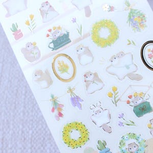 Japanese transparent PET sticker sheets with many cute flying squirrel and flower stickers with pretty gold foil details. Meet the cute Japanese flying squirrels enjoying relaxing times as the florist making flower arrangements like bouquets and wreaths for spring and summer. These are perfect for planners, but can be also used for example to decorate cards or gifts.