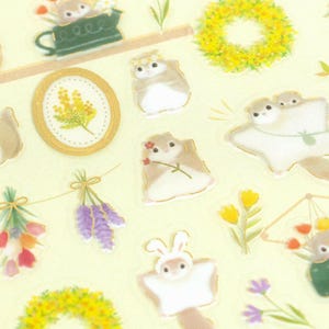 Japanese transparent PET sticker sheets with many cute flying squirrel and flower stickers with pretty gold foil details. Meet the cute Japanese flying squirrels enjoying relaxing times as the florist making flower arrangements like bouquets and wreaths for spring and summer. These are perfect for planners, but can be also used for example to decorate cards or gifts.