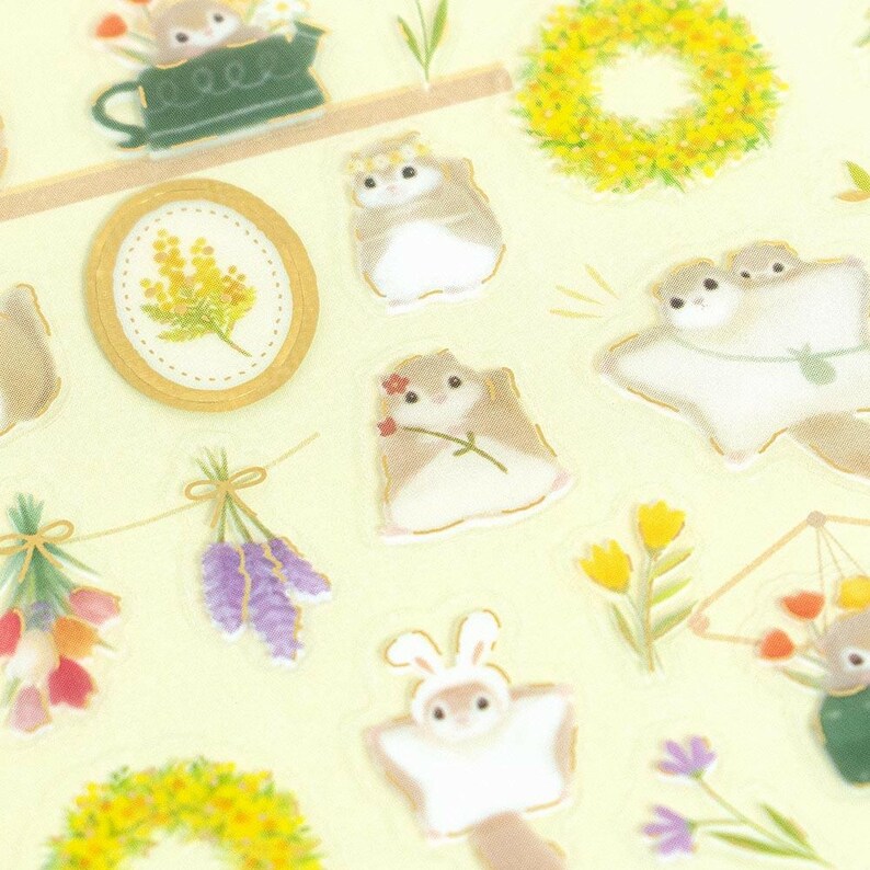 Japanese transparent PET sticker sheets with many cute flying squirrel and flower stickers with pretty gold foil details. Meet the cute Japanese flying squirrels enjoying relaxing times as the florist making flower arrangements like bouquets and wreaths for spring and summer. These are perfect for planners, but can be also used for example to decorate cards or gifts.