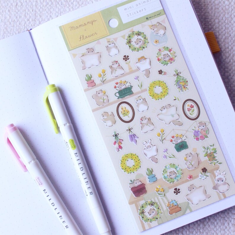 Japanese transparent PET sticker sheets with many cute flying squirrel and flower stickers with pretty gold foil details. Meet the cute Japanese flying squirrels enjoying relaxing times as the florist making flower arrangements like bouquets and wreaths for spring and summer. These are perfect for planners, but can be also used for example to decorate cards or gifts.