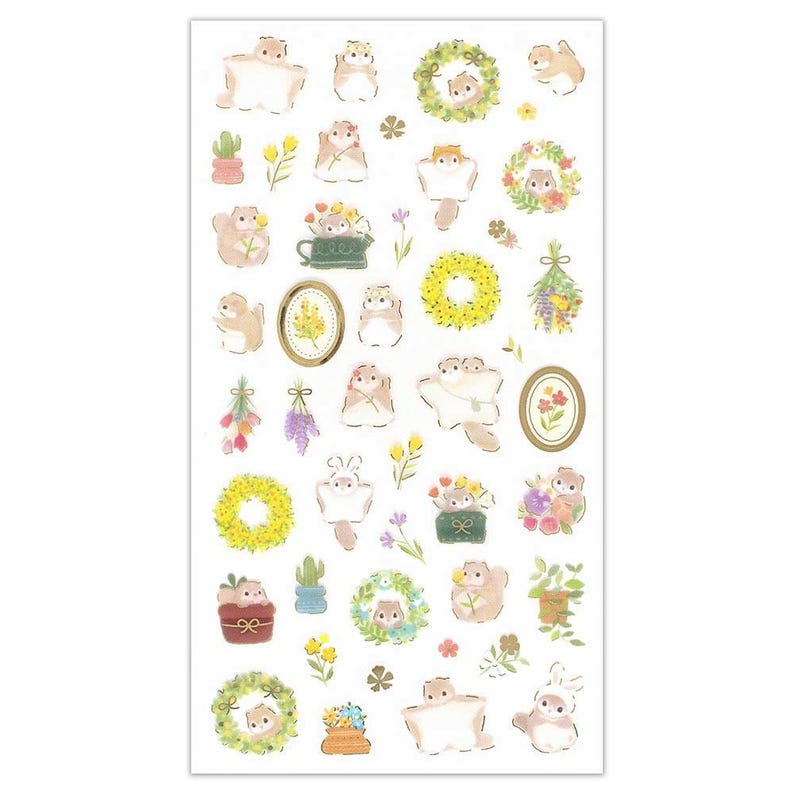 Japanese transparent PET sticker sheets with many cute flying squirrel and flower stickers with pretty gold foil details. Meet the cute Japanese flying squirrels enjoying relaxing times as the florist making flower arrangements like bouquets and wreaths for spring and summer. These are perfect for planners, but can be also used for example to decorate cards or gifts.