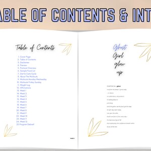May include: A table of contents page for a fitness guide titled "Ghost Girl Glow Up". The guide includes a disclaimer, preview, protocol overview, sample food list, diet and carb cycle, workouts, weight log, affirmations, and a program debrief. The page is decorated with gold leaf illustrations.
