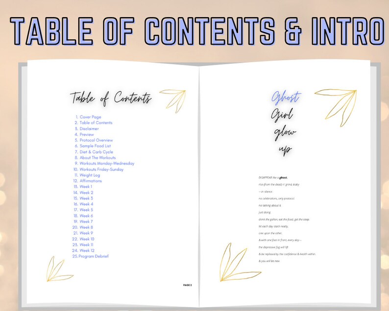 May include: A table of contents page for a fitness guide titled "Ghost Girl Glow Up". The guide includes a disclaimer, preview, protocol overview, sample food list, diet and carb cycle, workouts, weight log, affirmations, and a program debrief. The page is decorated with gold leaf illustrations.