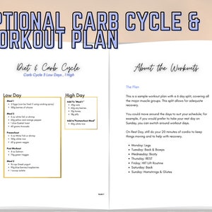 May include: A printable workout plan with a carb cycle diet. The plan includes a 6-day workout split, covering all major muscle groups. The plan also includes a sample meal plan for low carb days and high carb days.