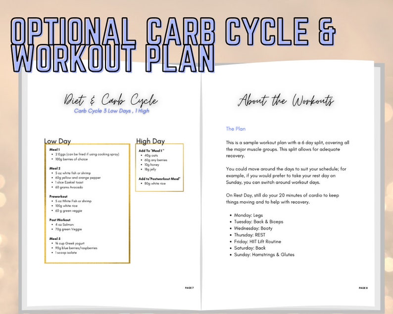 May include: A printable workout plan with a carb cycle diet. The plan includes a 6-day workout split, covering all major muscle groups. The plan also includes a sample meal plan for low carb days and high carb days.