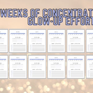 May include: Twelve printable pages with a gray background and blue and white text. Each page is labeled "Week One" through "Week Twelve" and includes a section for "Daily Time Goals", "Gratitude", and "What I Learned This Week".