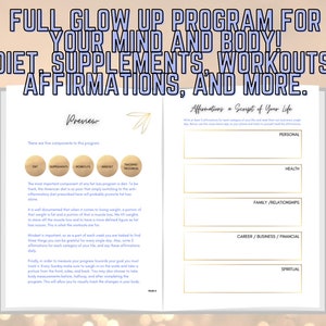 May include: A preview of a full glow up program for your mind and body. The program includes diet, supplements, workouts, affirmations, and more. The preview page shows five components of the program: diet, supplements, workouts, mindset, and trading process. The right page shows a section for affirmations with categories for personal, health, family/relationships, career/business/financial, and spiritual.