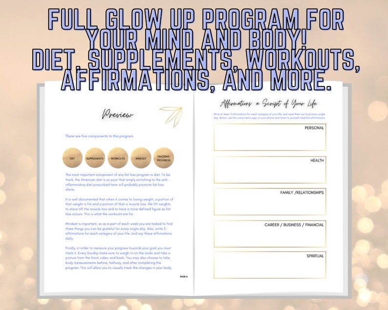 May include: A preview of a full glow up program for your mind and body. The program includes diet, supplements, workouts, affirmations, and more. The preview page shows five components of the program: diet, supplements, workouts, mindset, and trading process. The right page shows a section for affirmations with categories for personal, health, family/relationships, career/business/financial, and spiritual.