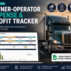 May include: An owner-operator expense and profit tracker with a semi-truck in the background. The image includes a laptop displaying financial data, icons for profit overview, Google Sheets, and Excel, and the text "Easy-to-Use". The product helps track revenue, expenses, and calculate profit.