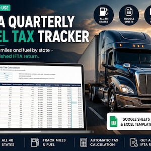 Op de afbeelding: Een advertentie voor een IFTA Quarterly Fuel Tax Tracker. De afbeelding toont een vrachtwagen op een snelweg, een laptop met een spreadsheet en pictogrammen voor Google Sheets en Excel. Tekst omvat "Eenvoudig te gebruiken", "Registreer uw kilometers en brandstof per staat" en "Ontvang een voltooide IFTA-aangifte."