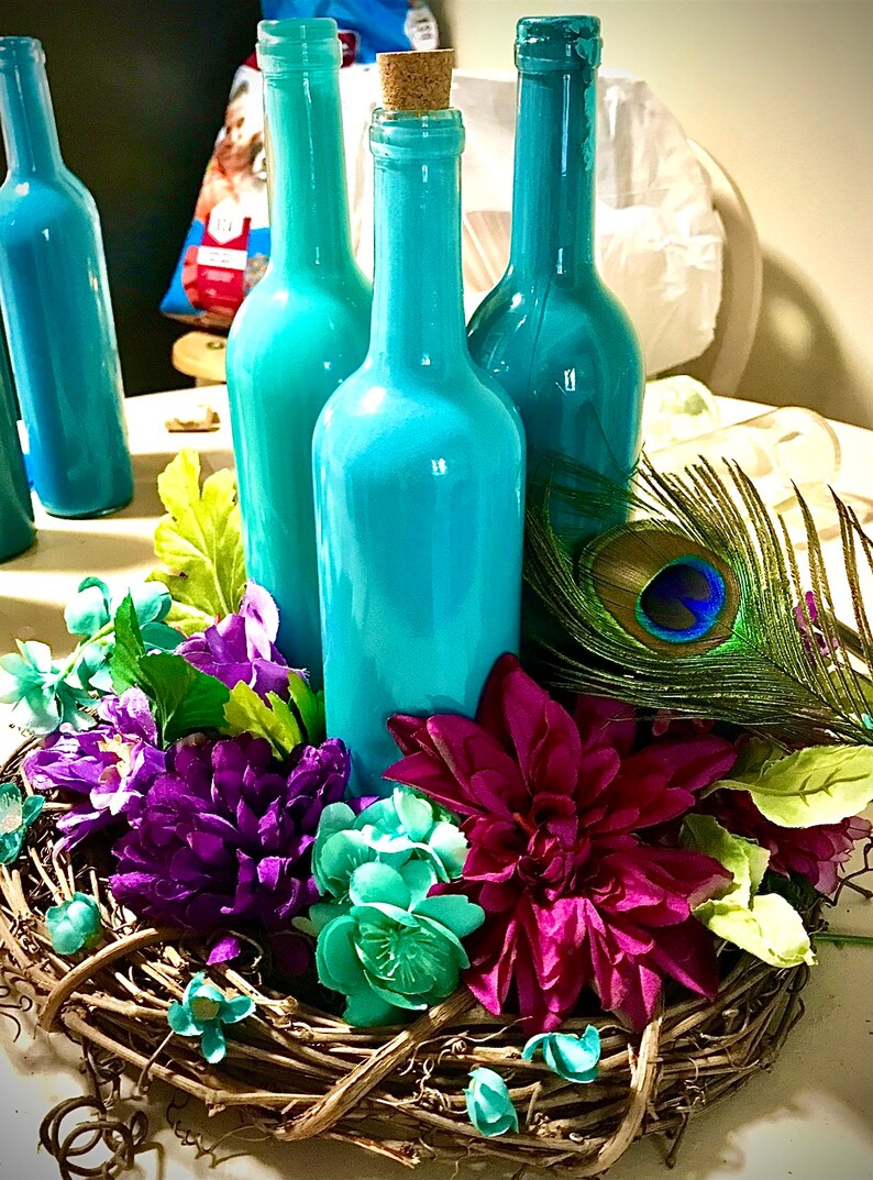 Table Centerpiece Decor With Stained Wine Bottles and Floral Etsy