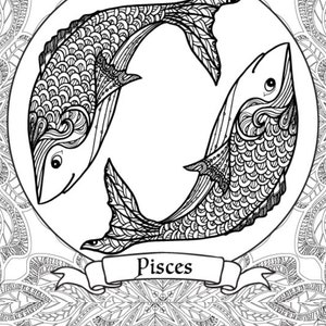 May include: Black and white line art illustration of the astrological sign Pisces, two fish swimming in a circle with the word "Pisces" written on a banner below.
