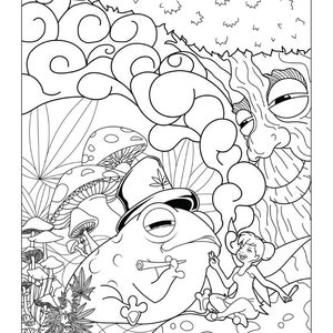 Puede incluir: Un dibujo en blanco y negro de una rana con un sombrero con una hoja de marihuana, fumando un porro y sentada junto a un hada. La rana est&aacute; sentada en un hongo y el hada est&aacute; sentada en un hongo. Hay otros hongos en el fondo.