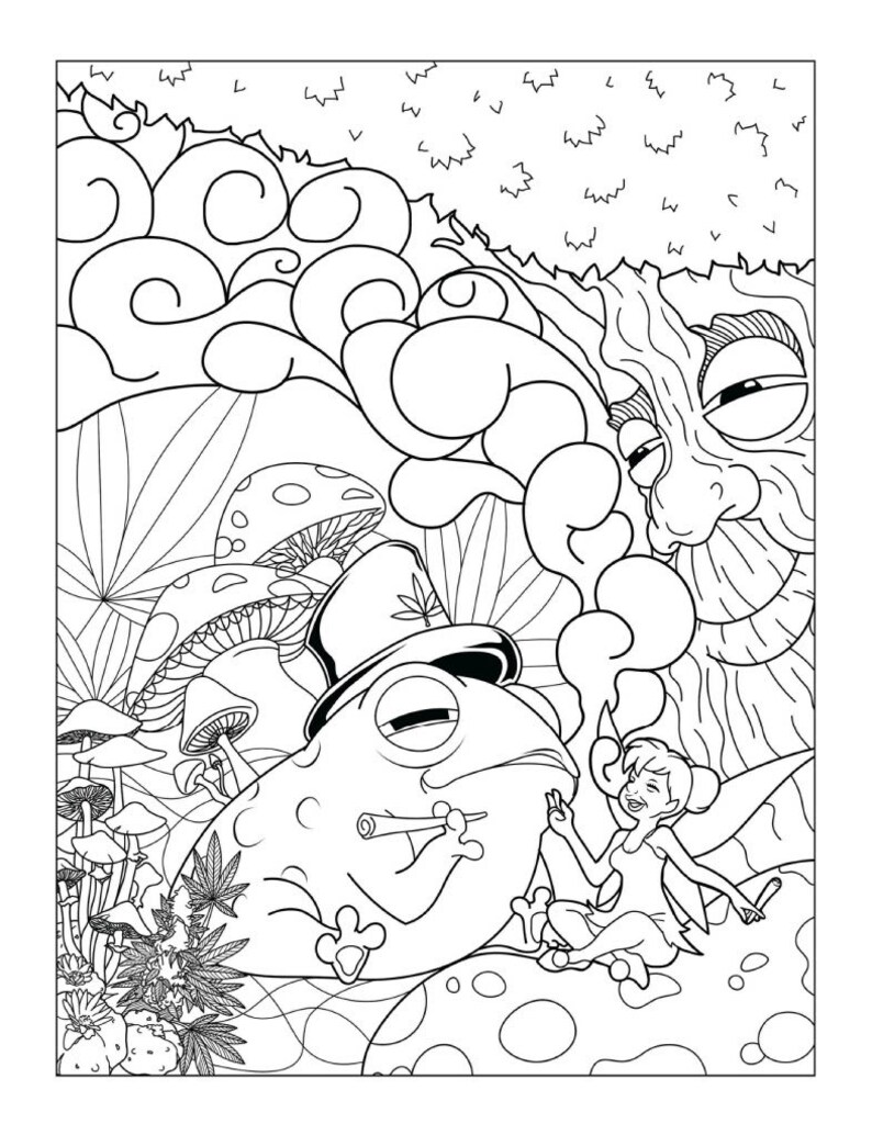 Puede incluir: Un dibujo en blanco y negro de una rana con un sombrero con una hoja de marihuana, fumando un porro y sentada junto a un hada. La rana est&aacute; sentada en un hongo y el hada est&aacute; sentada en un hongo. Hay otros hongos en el fondo.