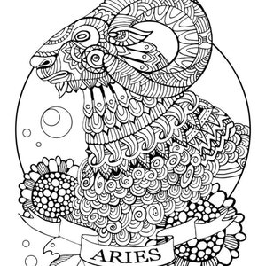 May include: A black and white line drawing of the zodiac sign Aries, a ram with intricate patterns and swirls. The ram is surrounded by flowers and a banner with the word "ARIES" written on it.