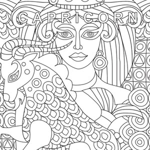 May include: A black and white line art illustration of a woman with a crown and a goat. The woman is wearing a crown and has long hair. The goat is standing on its hind legs and has a long beard. The text "CAPRICORN" is written above the woman's head.