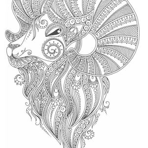 May include: A black and white line drawing of a ram's head with intricate, detailed patterns in the horns and beard.